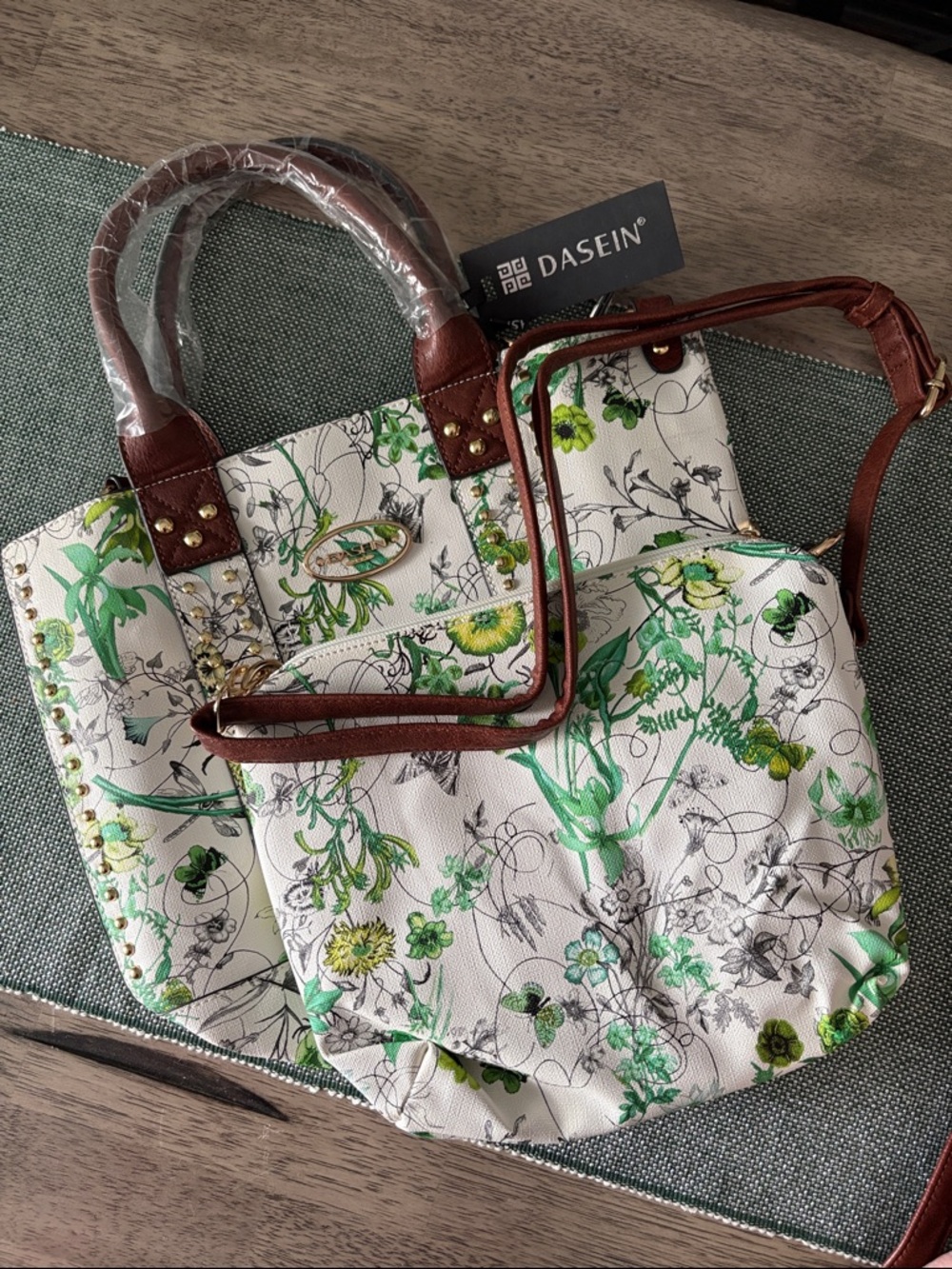 Dasein White Floral Tote Bag with Brown Trim